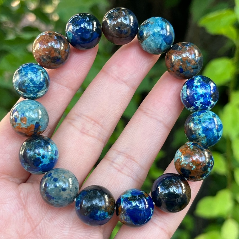 14mm stretchable blue‎ brown agate bracelet